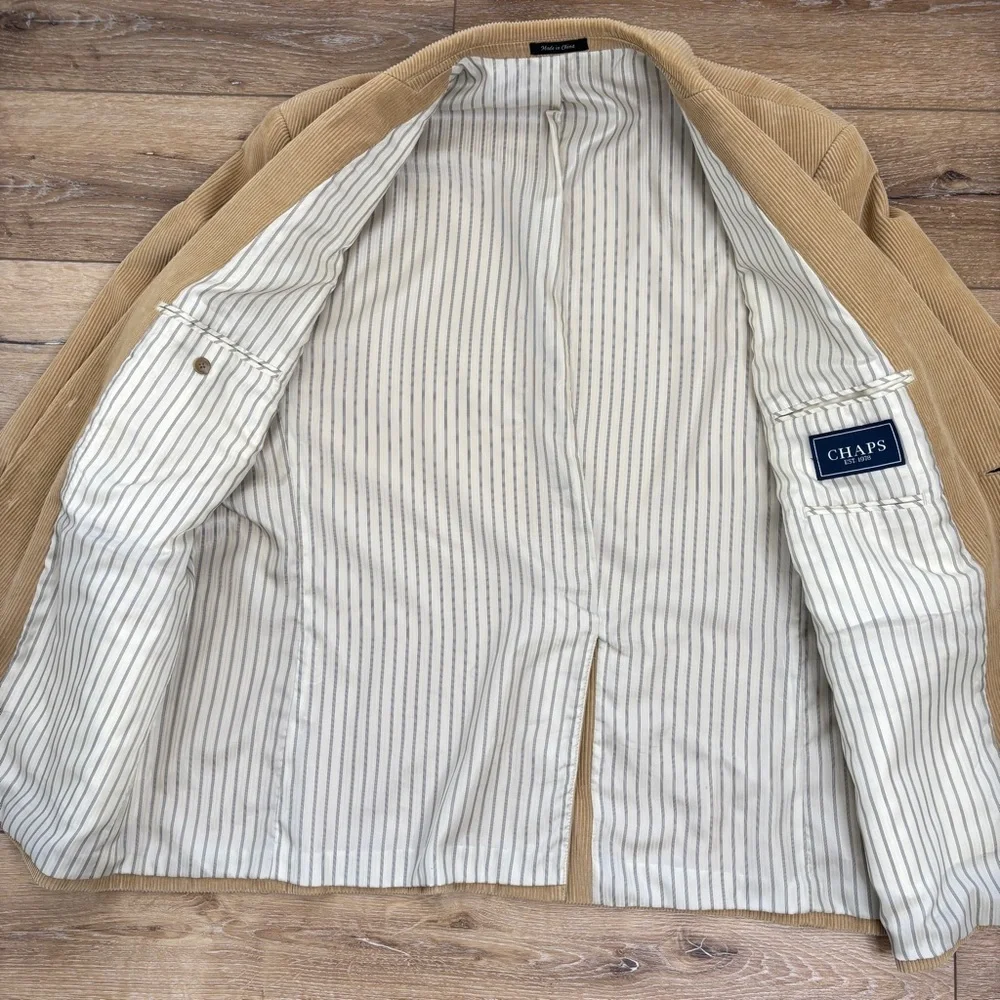 Chaps Blazer Size 48R Tan Corduroy Suit Jacket Sport Coat Leather Buttons
